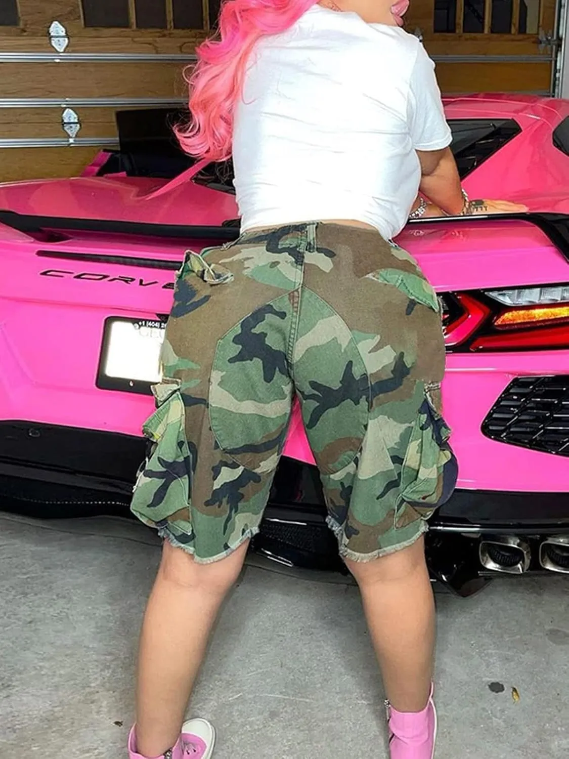 Famnbro Women Camo Shorts Slim Fit Camouflage Cargo Shorts Casual Army Fatigue Shorts with Pockets