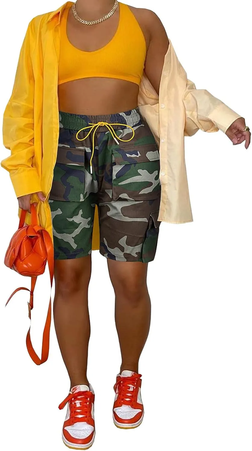 Famnbro Women Camo Shorts Slim Fit Camouflage Cargo Shorts Casual Army Fatigue Shorts with Pockets