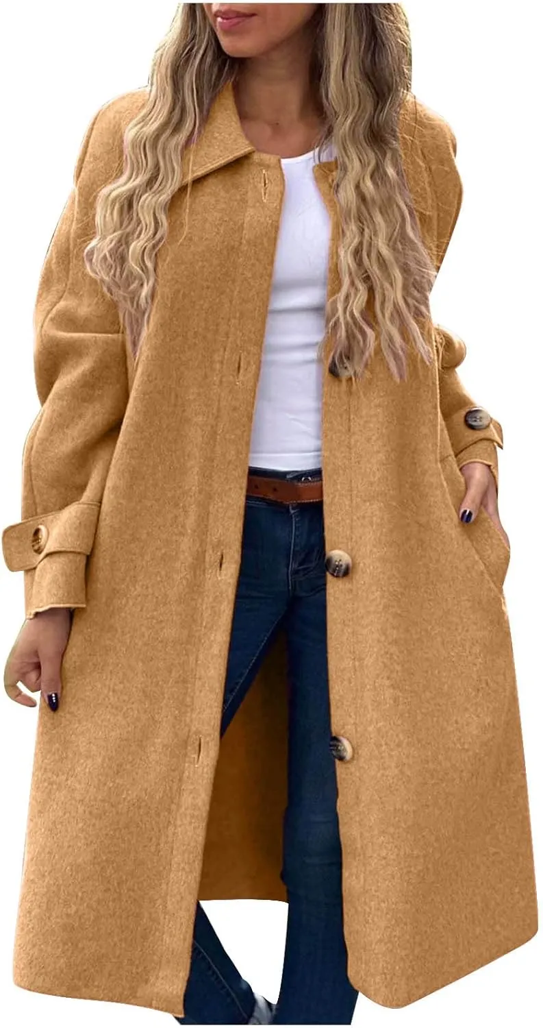 fartey Womens Trench Coat Classic Notch Lapel Winter Wool Coats Open Front Work Business Casual Jackets With Pockets