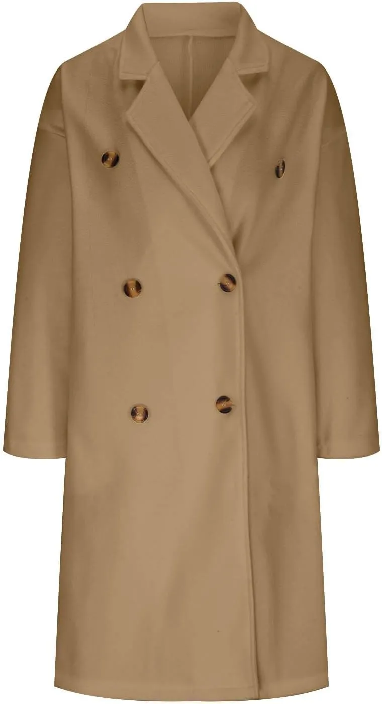 fartey Womens Trench Coats 2024 Fall Casual Notch Lapel Single-Breasted Wool Coats Winter Warm Wool Blend Pea Coats