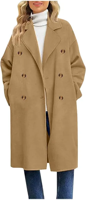fartey Womens Trench Coats 2024 Fall Casual Notch Lapel Single-Breasted Wool Coats Winter Warm Wool Blend Pea Coats
