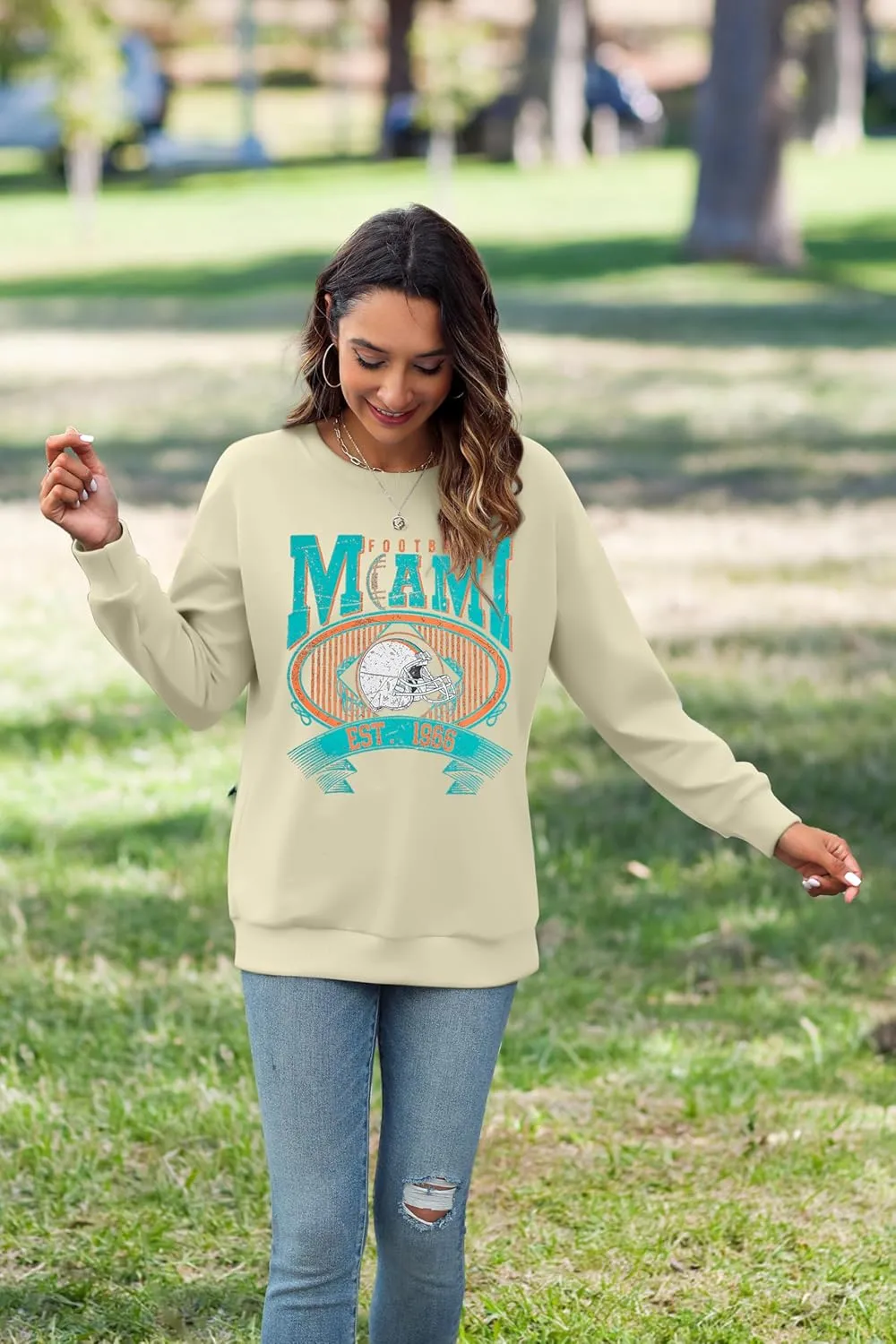 FASHGL Miami Football Sweatshirt Women Game Day Oversize Shirt Sunday Funday Football Season Long Sleeve Shirt