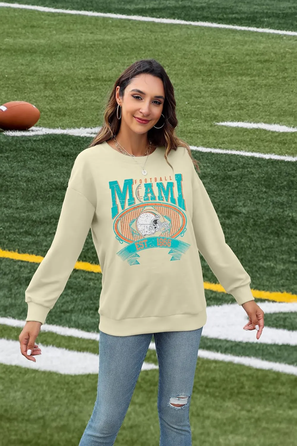 FASHGL Miami Football Sweatshirt Women Game Day Oversize Shirt Sunday Funday Football Season Long Sleeve Shirt