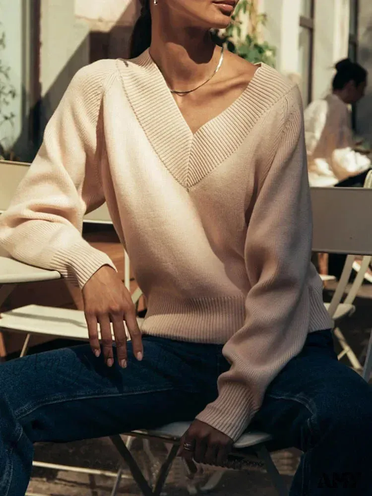 Fashion Woman Winter 2024 Vintage Oversize Female Knitted Top V-neck Long Sleeve Cozy Chic Autumn Sweater