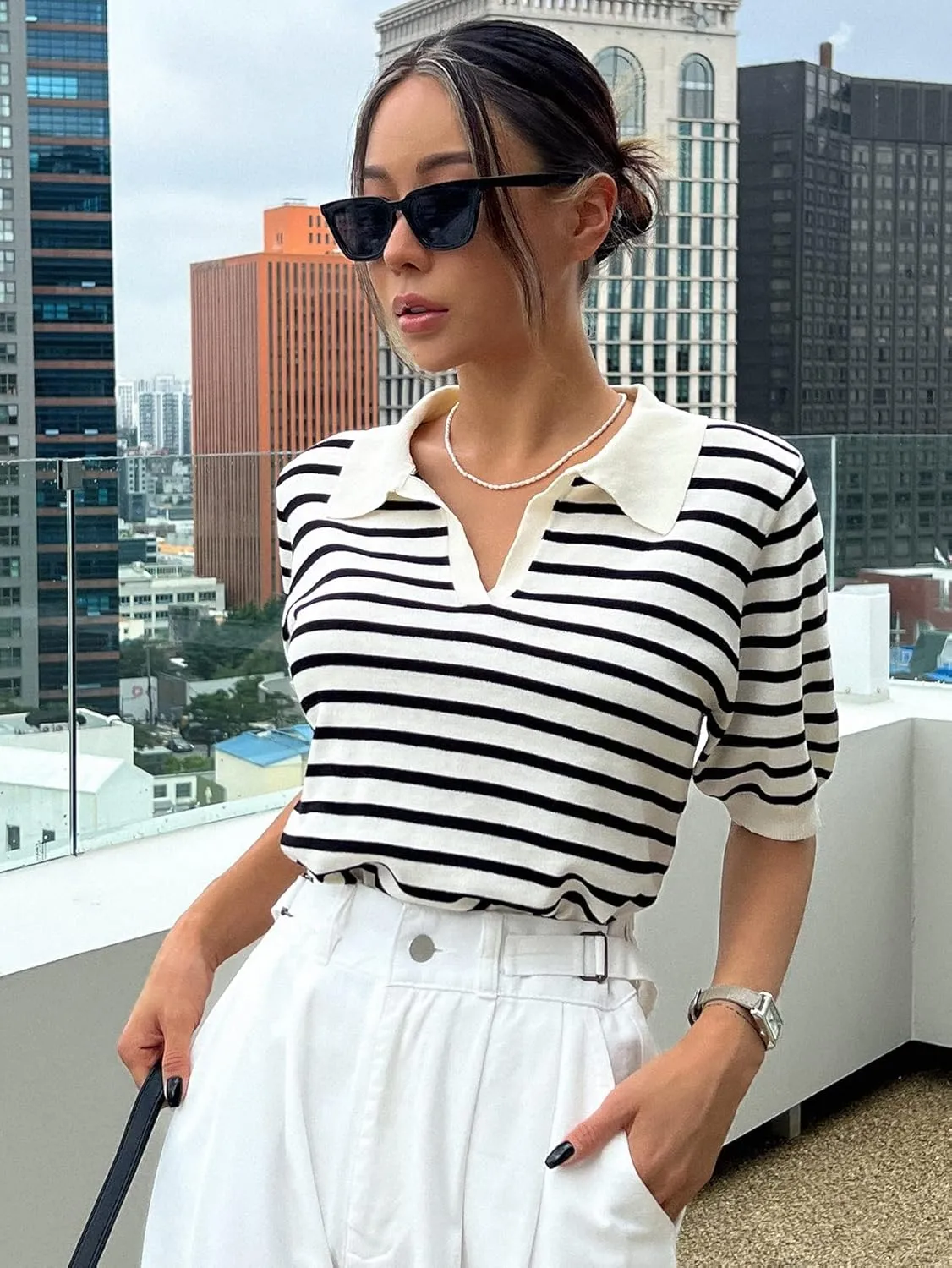Floerns Women's Striped Print Short Sleeve Collar Neck Knitted Casual Tee Shirt