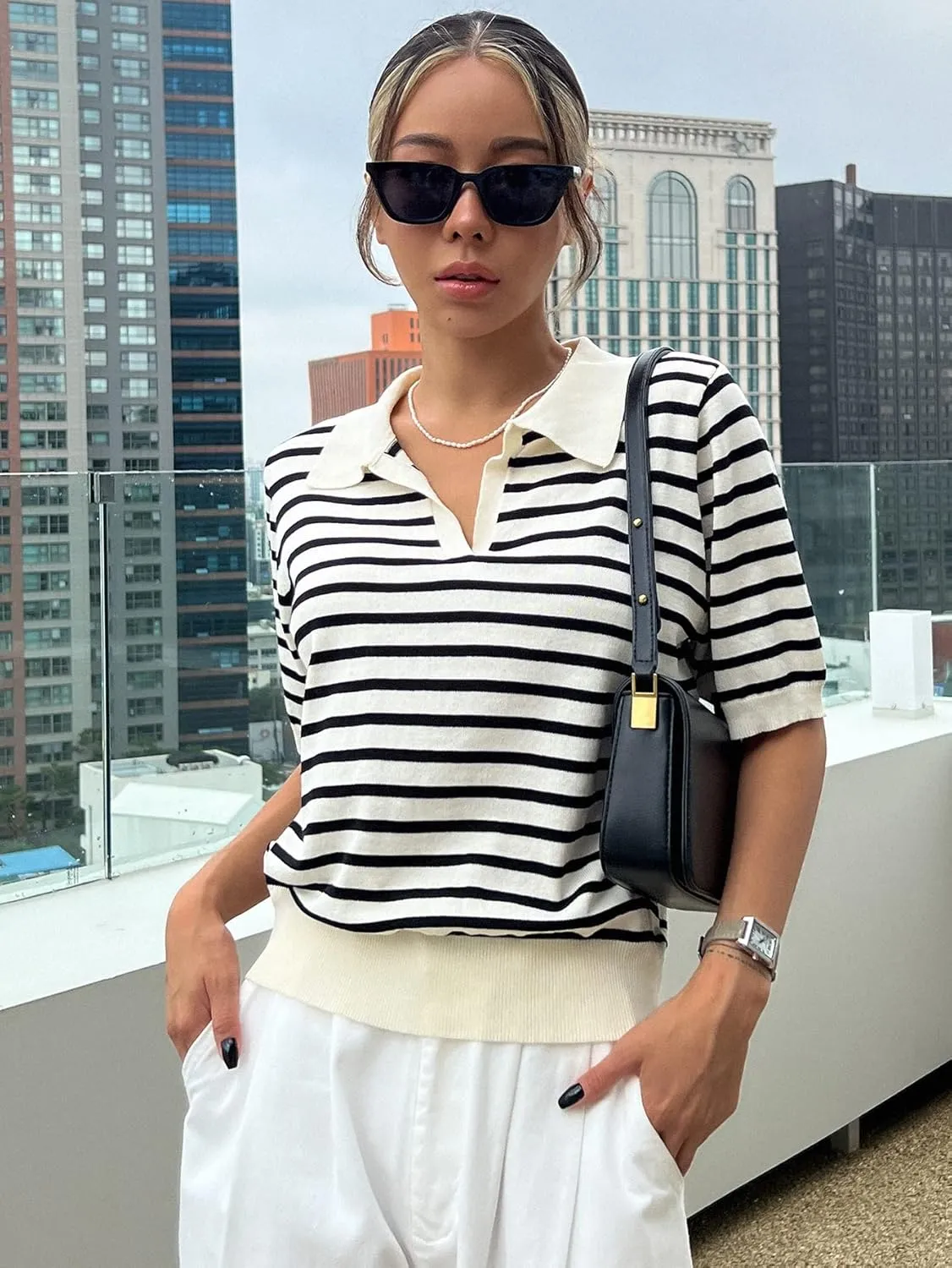 Floerns Women's Striped Print Short Sleeve Collar Neck Knitted Casual Tee Shirt