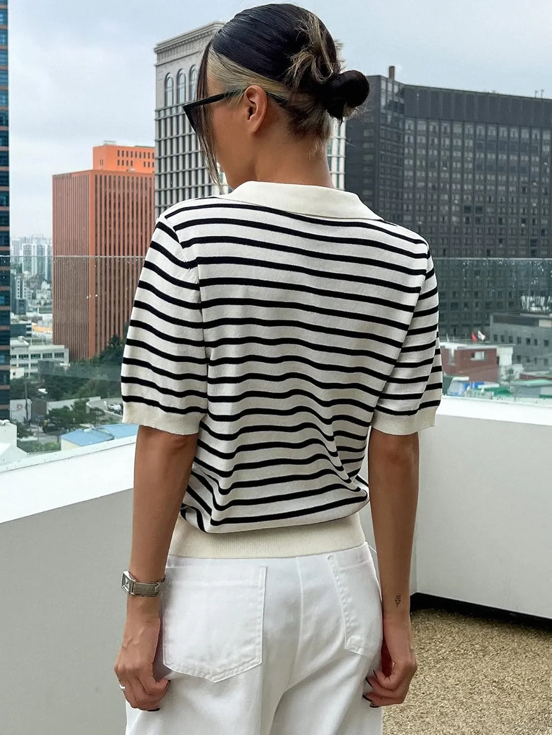 Floerns Women's Striped Print Short Sleeve Collar Neck Knitted Casual Tee Shirt