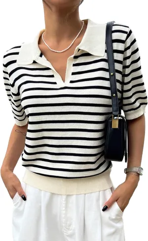 Floerns Women's Striped Print Short Sleeve Collar Neck Knitted Casual Tee Shirt