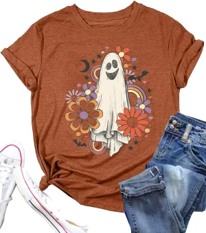 Flower Ghost Sketch Shirt Women Retro Vintage Groovy Halloween Ghost Tshirt Short Sleeve Fall Holiday Tops