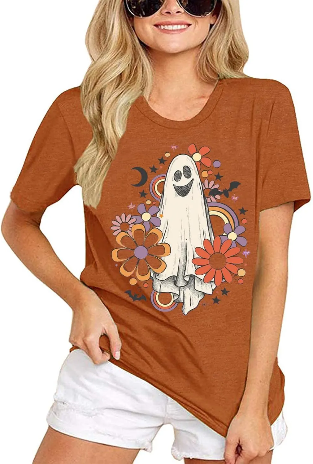Flower Ghost Sketch Shirt Women Retro Vintage Groovy Halloween Ghost Tshirt Short Sleeve Fall Holiday Tops