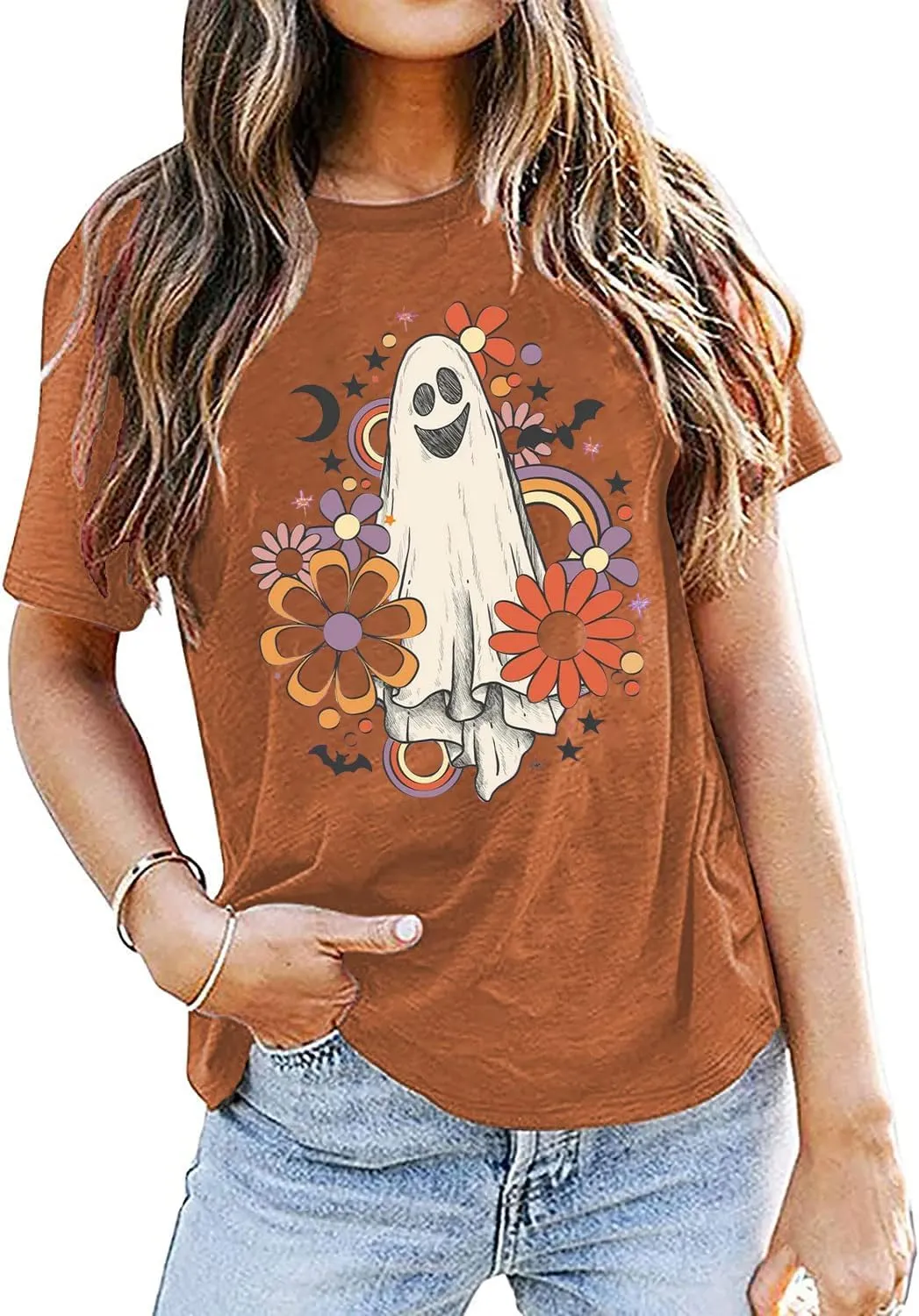 Flower Ghost Sketch Shirt Women Retro Vintage Groovy Halloween Ghost Tshirt Short Sleeve Fall Holiday Tops