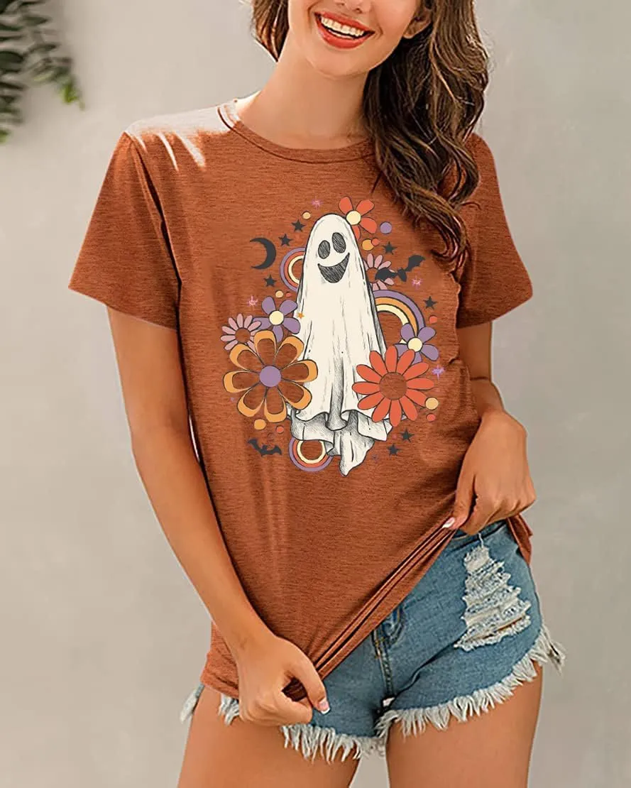 Flower Ghost Sketch Shirt Women Retro Vintage Groovy Halloween Ghost Tshirt Short Sleeve Fall Holiday Tops