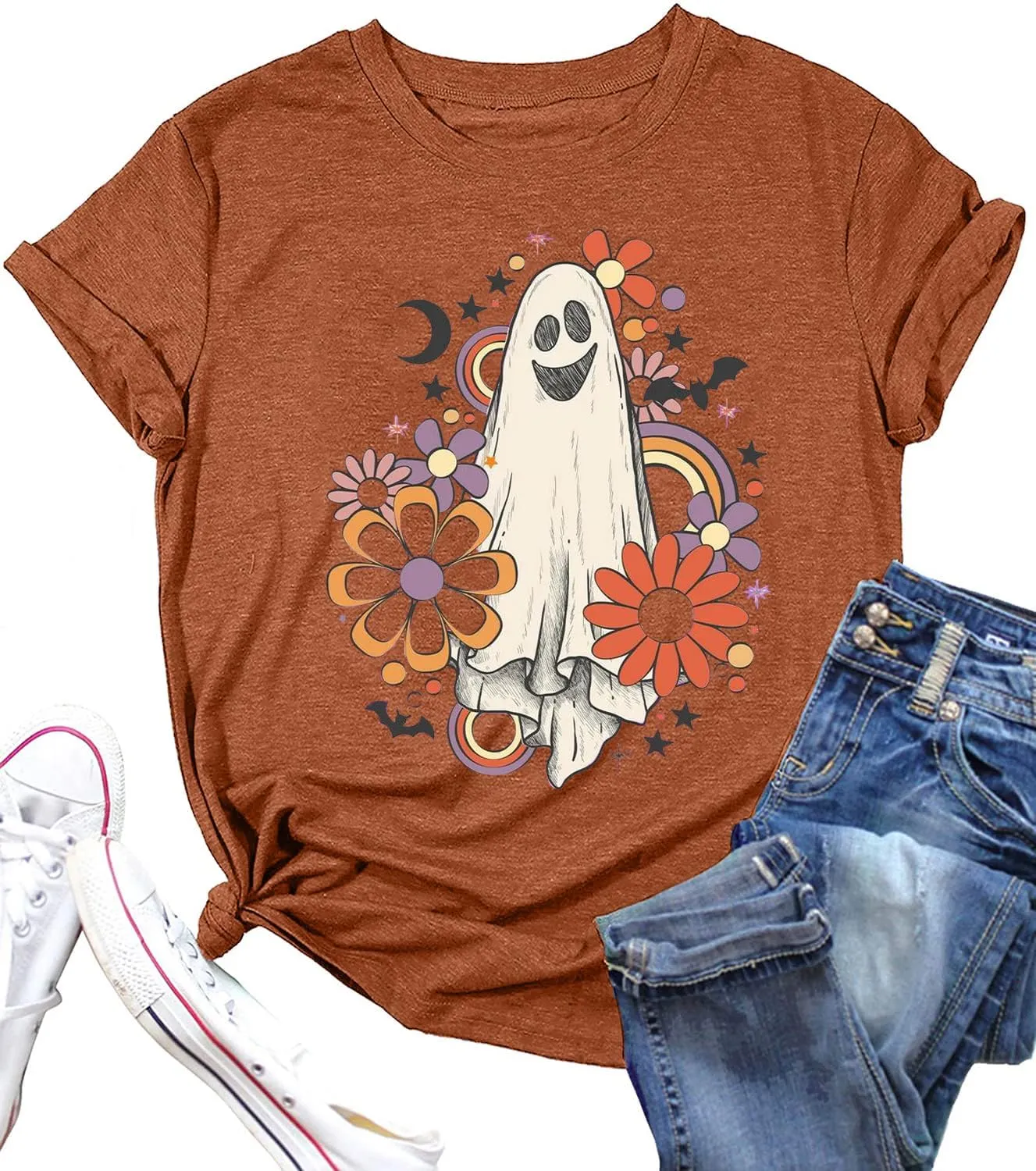 Flower Ghost Sketch Shirt Women Retro Vintage Groovy Halloween Ghost Tshirt Short Sleeve Fall Holiday Tops