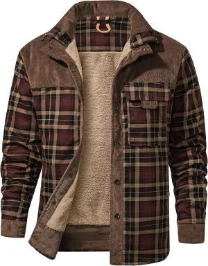 Flygo Men's Flannel Jacket Loose Plaid Sherpa Lined Flannel Shirt Snap Button Warm Winter Jackets Pockets