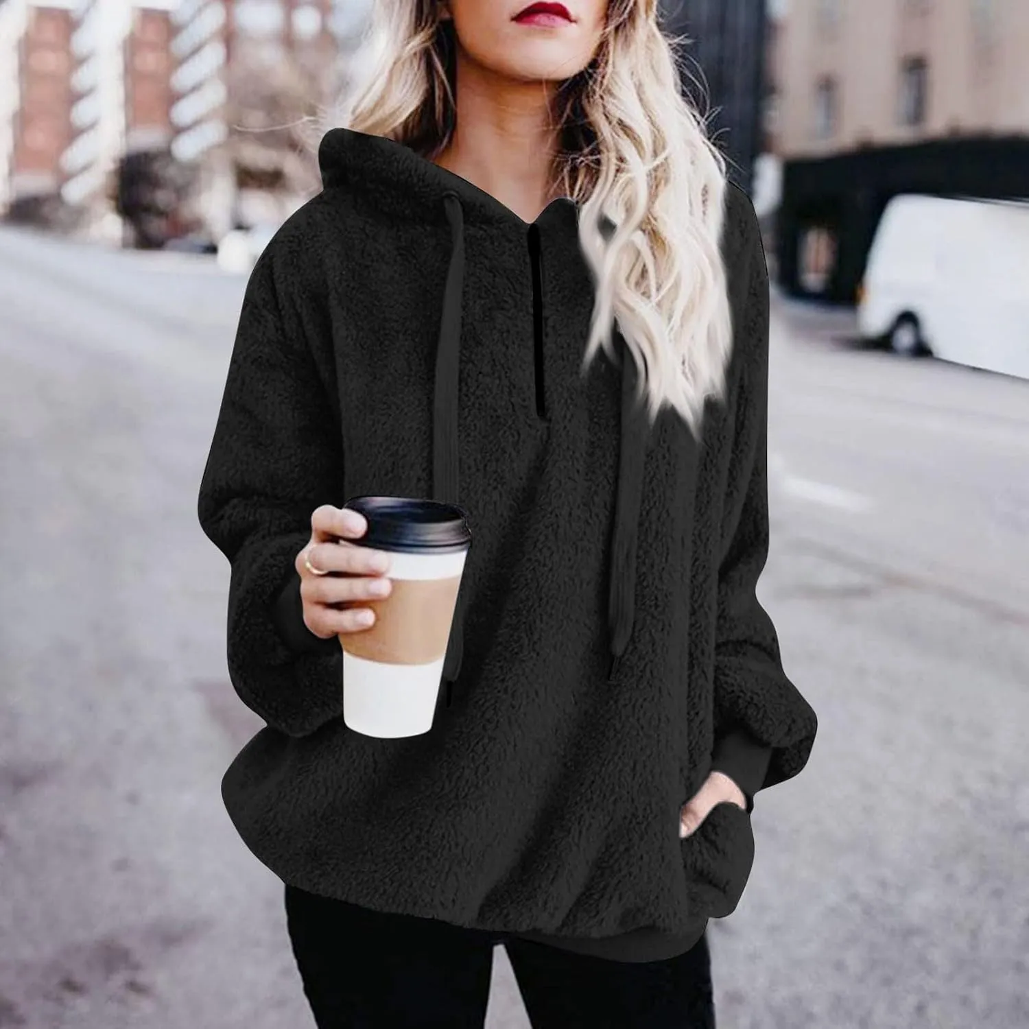 Fuzzy Hoodies for Women Half Zip Sherpa Fleece Oversized Hooded Sweatshirt Quarter Zip Pullover with Pockets