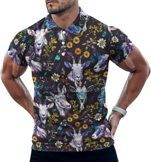 Goat and Flowers Mens Polo Shirts Quick Dry Short Sleeve Golf Slim Fit T Shirt