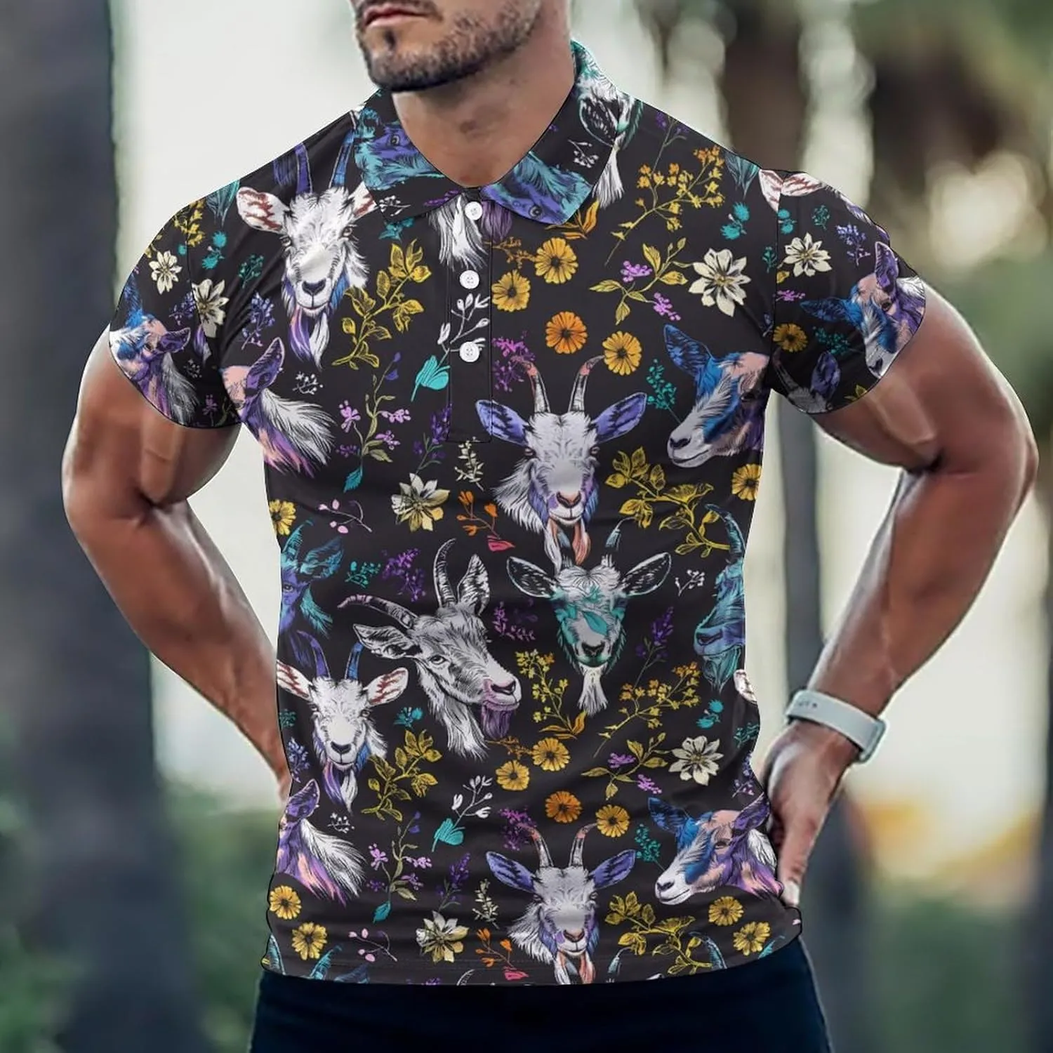 Goat and Flowers Mens Polo Shirts Quick Dry Short Sleeve Golf Slim Fit T Shirt