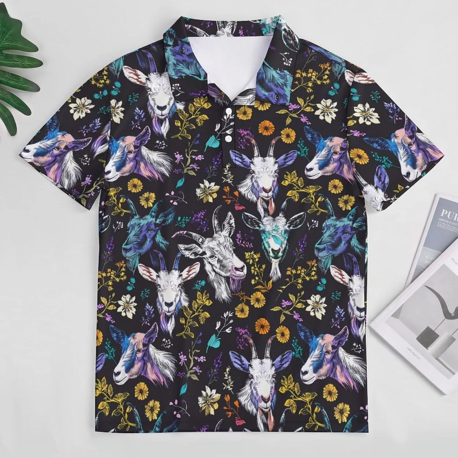 Goat and Flowers Mens Polo Shirts Quick Dry Short Sleeve Golf Slim Fit T Shirt