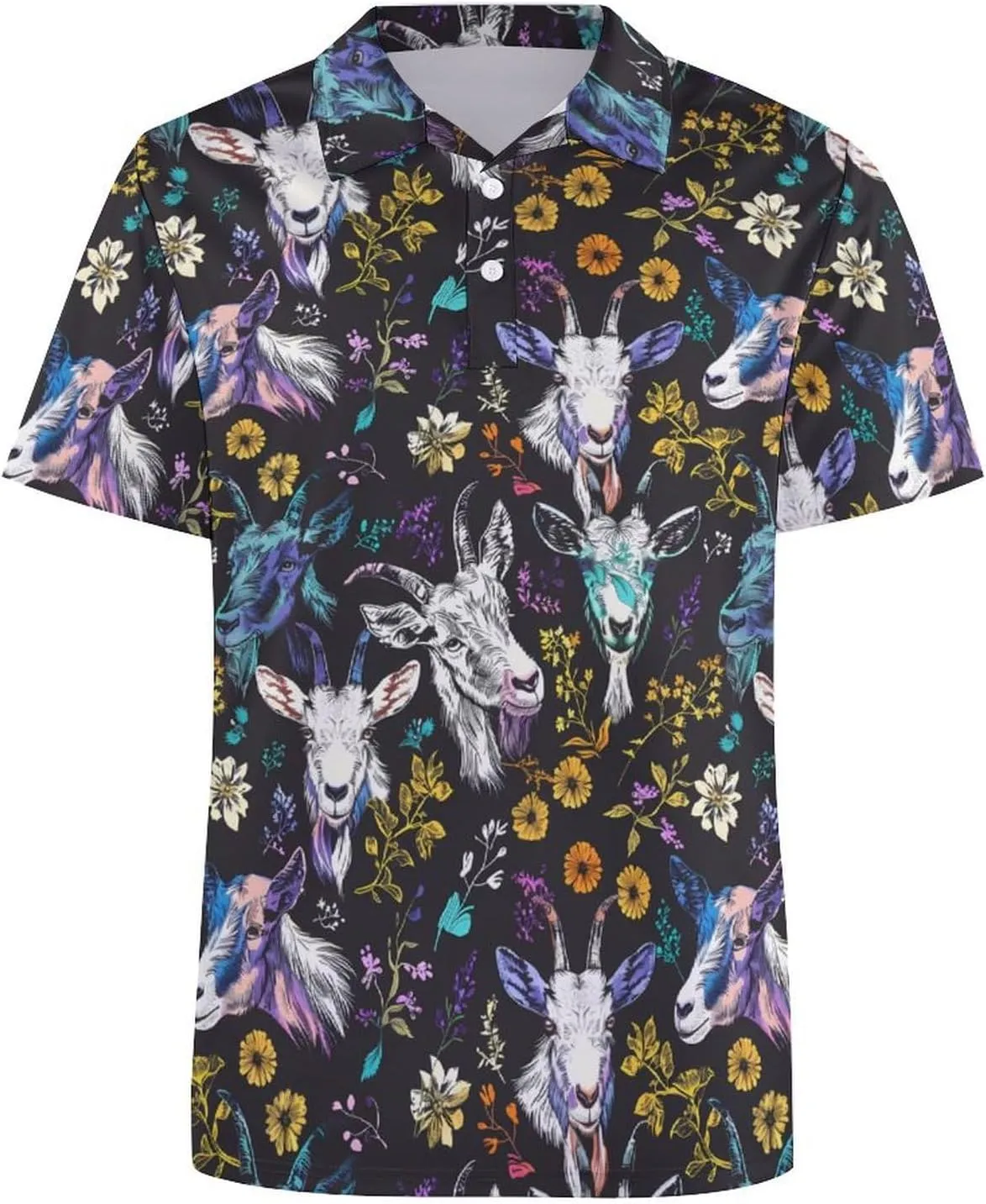 Goat and Flowers Mens Polo Shirts Quick Dry Short Sleeve Golf Slim Fit T Shirt