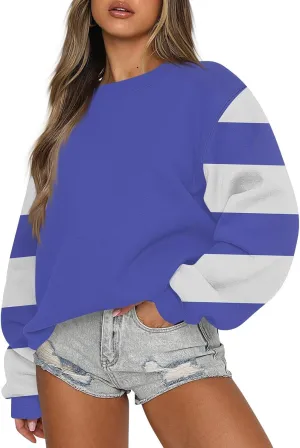 GOFULY Crew Neck Oversized Sweatshirt For Girls Long Sleeve Fall Tops Crop Striped Color Block Sweatshirts Winter Pullover