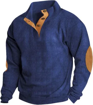 GOFULY Quilted Sweatshirts For Men Corduroy Henley Button Jacket Lightweight Lapel Collar Pullover Long Sleeve Baggy Sweater