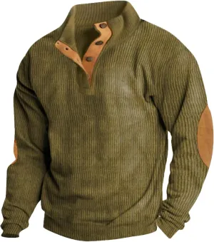 GOFULY Quilted Sweatshirts For Men Corduroy Henley Button Jacket Lightweight Lapel Collar Pullover Long Sleeve Baggy Sweater