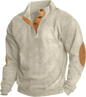 GOFULY Quilted Sweatshirts For Men Corduroy Henley Button Jacket Lightweight Lapel Collar Pullover Long Sleeve Baggy Sweater