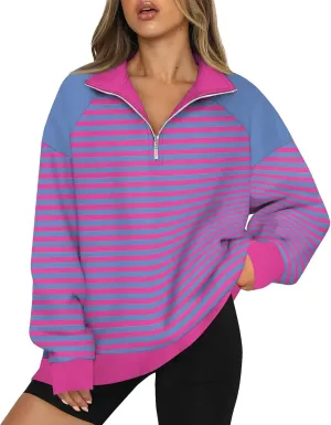 Gumipy Quarter Zip Pullover Women Fleece Stripe Color Block Half Zip Pullover Y2K Lapel Oversized Sweatshirt Long Sleeve Top