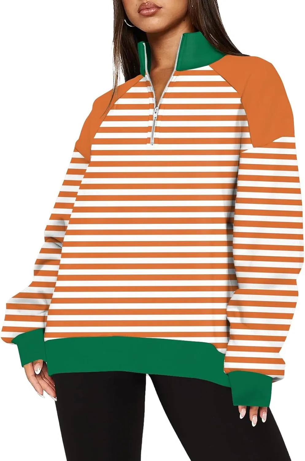 Gumipy Quarter Zip Pullover Women Fleece Stripe Color Block Half Zip Pullover Y2K Lapel Oversized Sweatshirt Long Sleeve Top