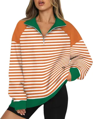 Gumipy Quarter Zip Pullover Women Fleece Stripe Color Block Half Zip Pullover Y2K Lapel Oversized Sweatshirt Long Sleeve Top