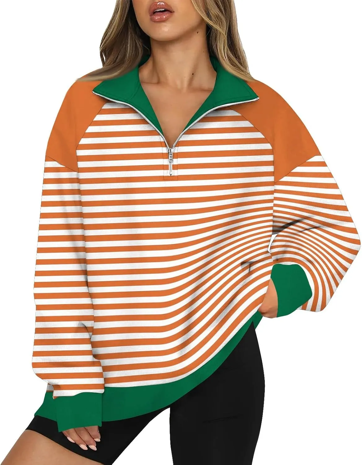 Gumipy Quarter Zip Pullover Women Fleece Stripe Color Block Half Zip Pullover Y2K Lapel Oversized Sweatshirt Long Sleeve Top