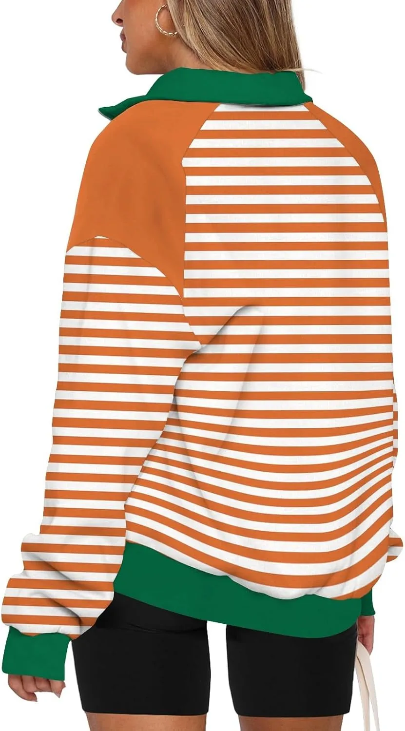 Gumipy Quarter Zip Pullover Women Fleece Stripe Color Block Half Zip Pullover Y2K Lapel Oversized Sweatshirt Long Sleeve Top