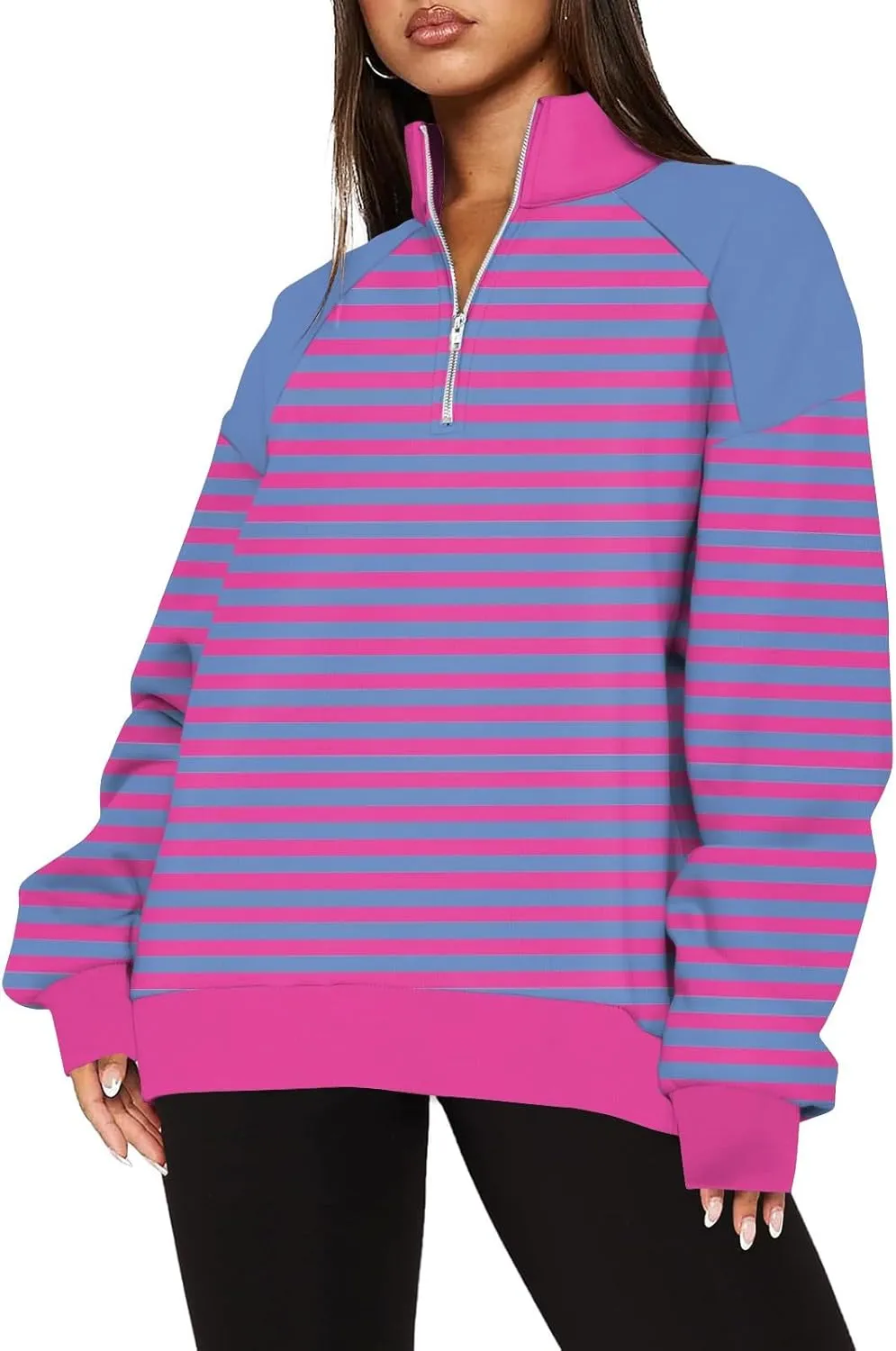 Gumipy Quarter Zip Pullover Women Fleece Stripe Color Block Half Zip Pullover Y2K Lapel Oversized Sweatshirt Long Sleeve Top