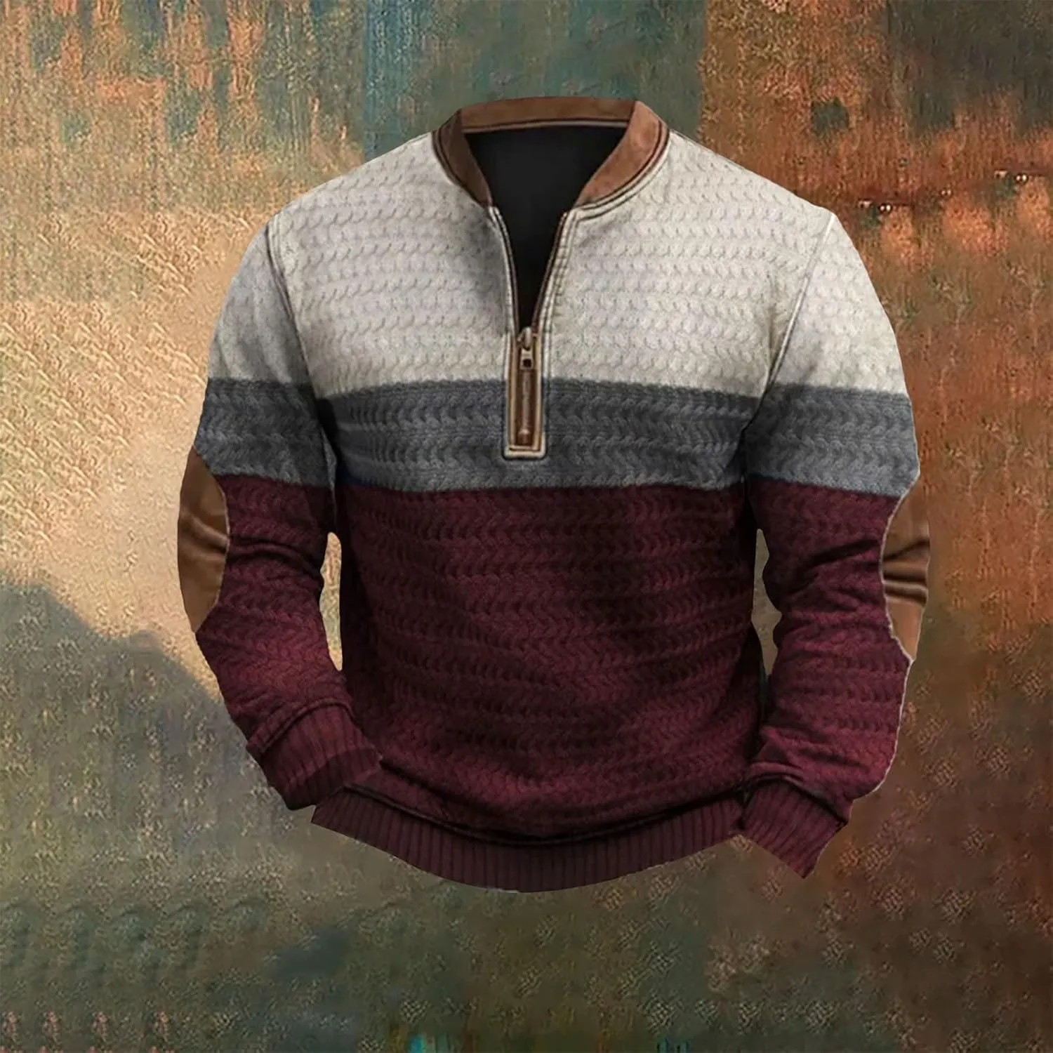 Half Zip Pullover Vintage Long Sleeve Sweatshirt Elbow Patch Sweatshirt Fashion Hoodless Western Top