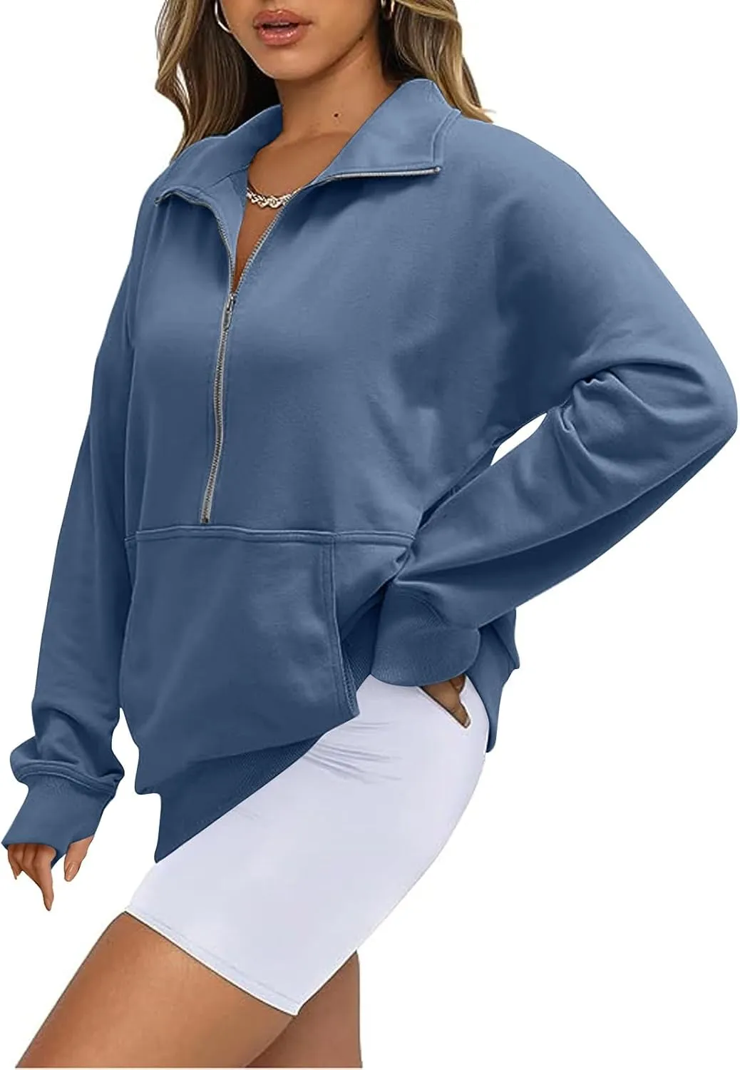 Half Zip Pullover Women Fleece Cropped Oversized Sweatshirt Pocket Quarter Zip Cute Sweatshirts with Thumb Holes