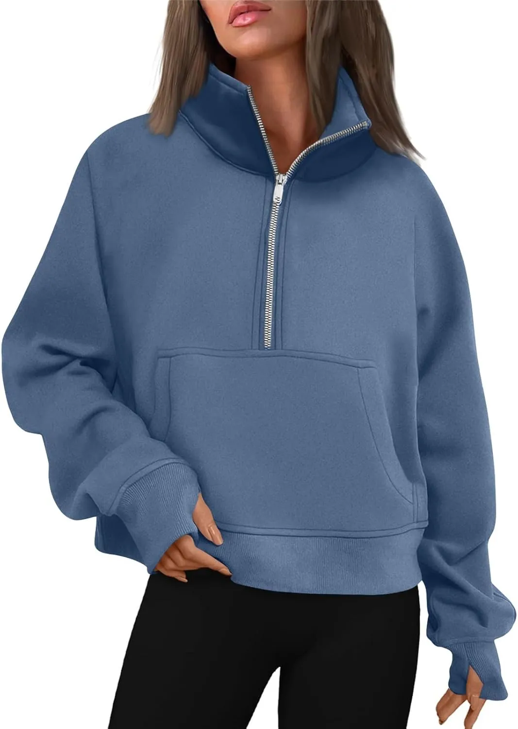 Half Zip Pullover Women Fleece Cropped Oversized Sweatshirt Pocket Quarter Zip Cute Sweatshirts with Thumb Holes