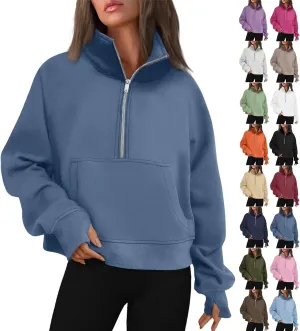 Half Zip Pullover Women Fleece Cropped Oversized Sweatshirt Pocket Quarter Zip Cute Sweatshirts with Thumb Holes