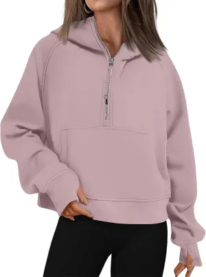 Half Zip Pullover Women Fleece Thumb Hole Cropped Hoodie Y2k Raglan Quarter Zipped Hooded Sweatshirt with Pockets