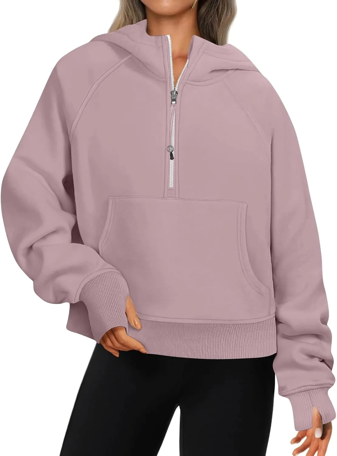 Half Zip Pullover Women Fleece Thumb Hole Cropped Hoodie Y2k Raglan Quarter Zipped Hooded Sweatshirt with Pockets
