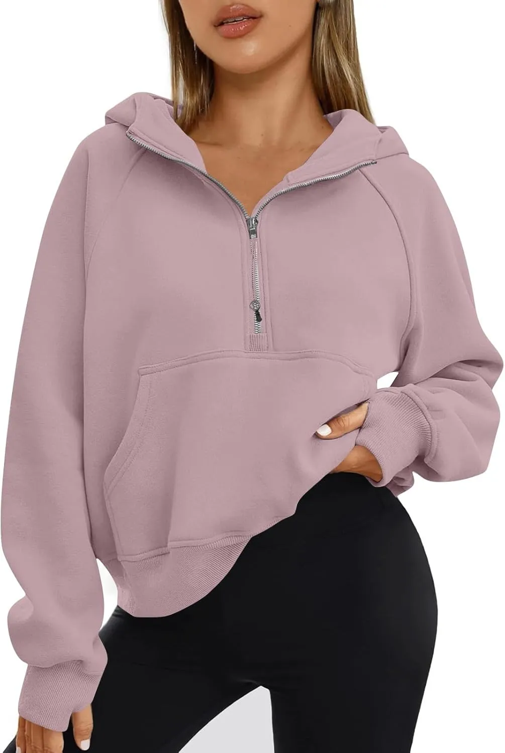 Half Zip Pullover Women Fleece Thumb Hole Cropped Hoodie Y2k Raglan Quarter Zipped Hooded Sweatshirt with Pockets