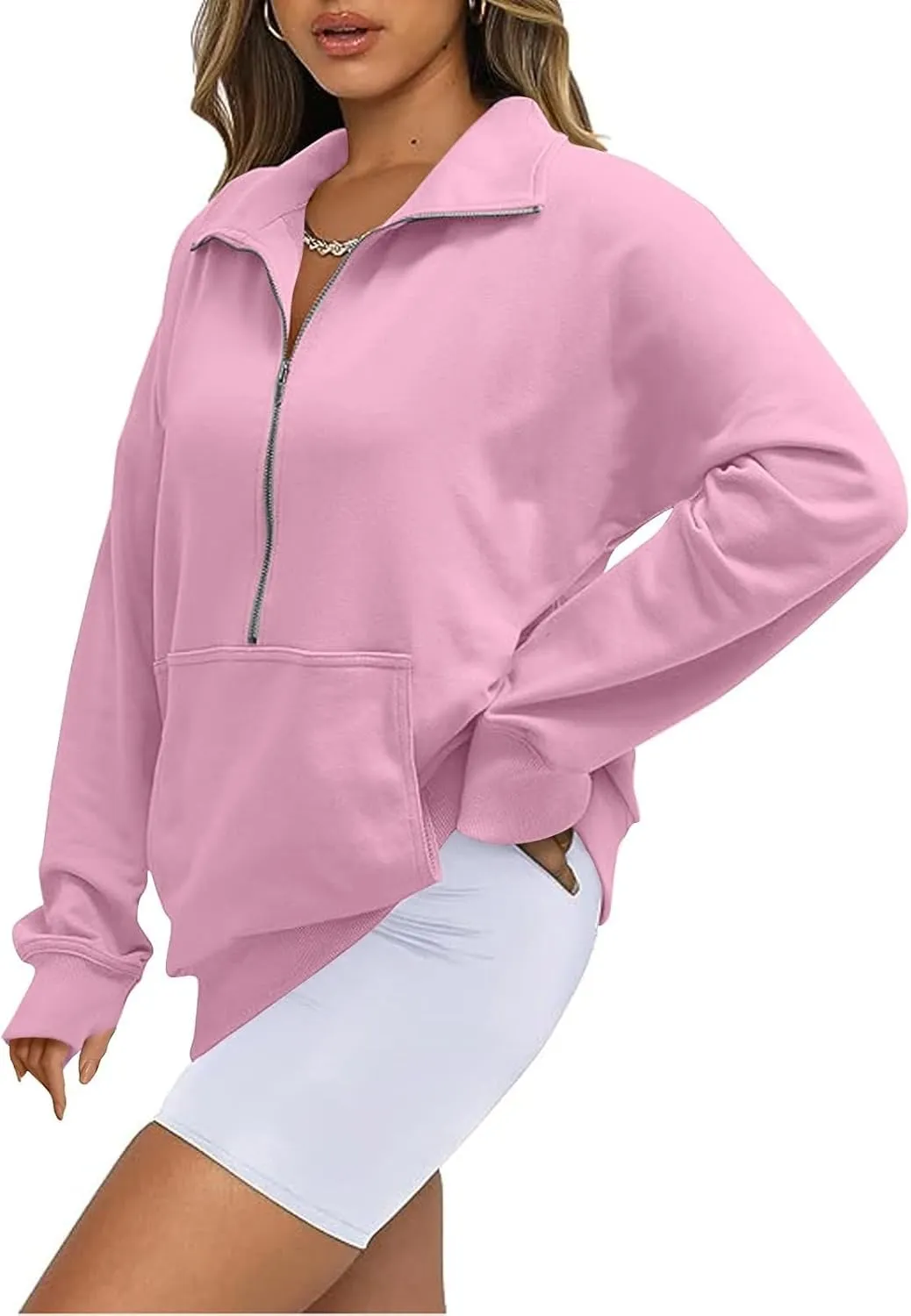 Half Zip Sweatshirt Women Cropped Oversized Fleece Pullover Zipped Thumb Hole Cute Sweatshirts with Pockets
