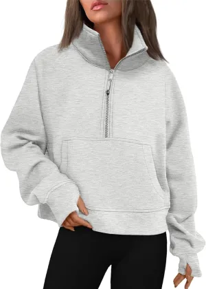 Half Zip Sweatshirt Women Cropped Oversized Fleece Pullover Zipped Thumb Hole Cute Sweatshirts with Pockets