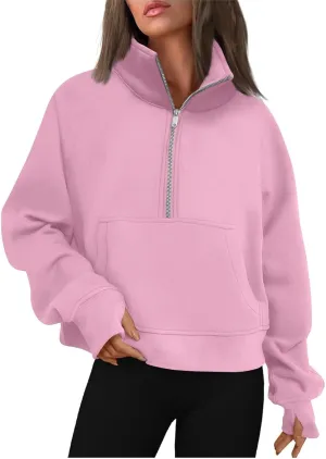 Half Zip Sweatshirt Women Cropped Oversized Fleece Pullover Zipped Thumb Hole Cute Sweatshirts with Pockets