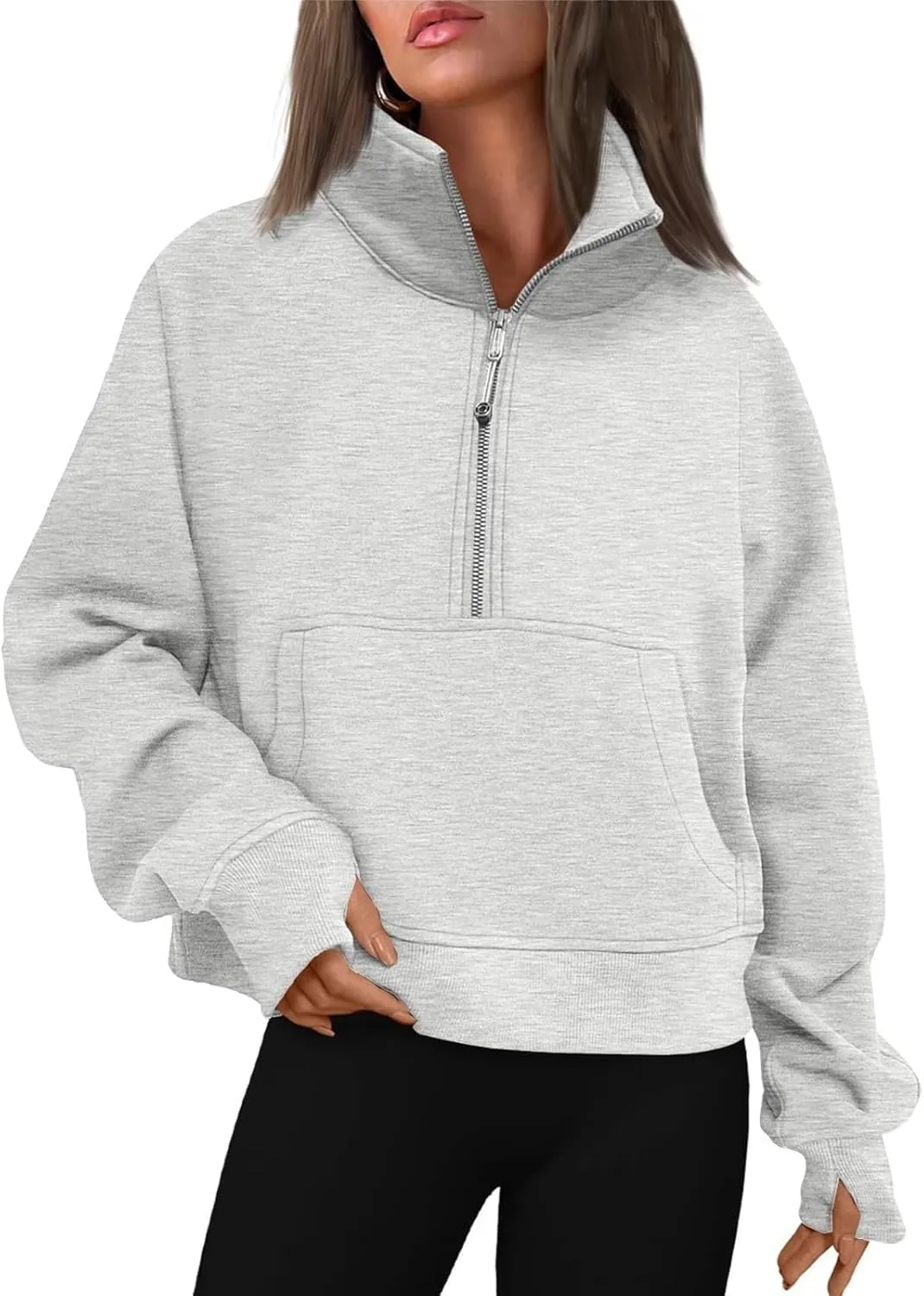 Half Zip Sweatshirt Women Cropped Oversized Fleece Pullover Zipped Thumb Hole Cute Sweatshirts with Pockets