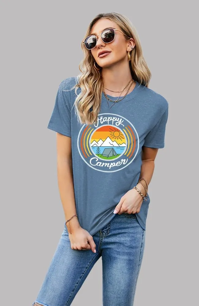 Happy Camp T-Shirt Women Hiking Mountain Adventure Novelty Workout Funny Saying Cute Graphic Athletic Shirt