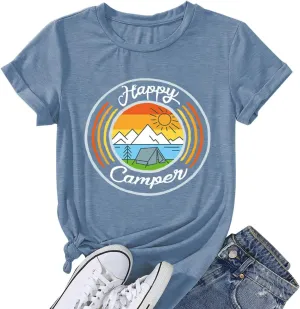 Happy Camp T-Shirt Women Hiking Mountain Adventure Novelty Workout Funny Saying Cute Graphic Athletic Shirt