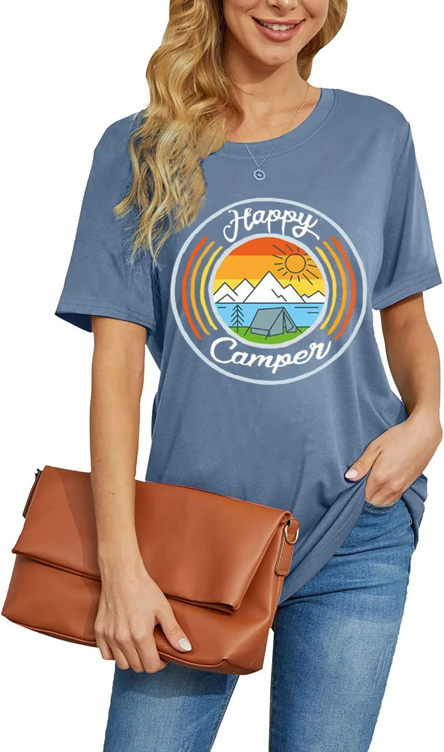 Happy Camp T-Shirt Women Hiking Mountain Adventure Novelty Workout Funny Saying Cute Graphic Athletic Shirt