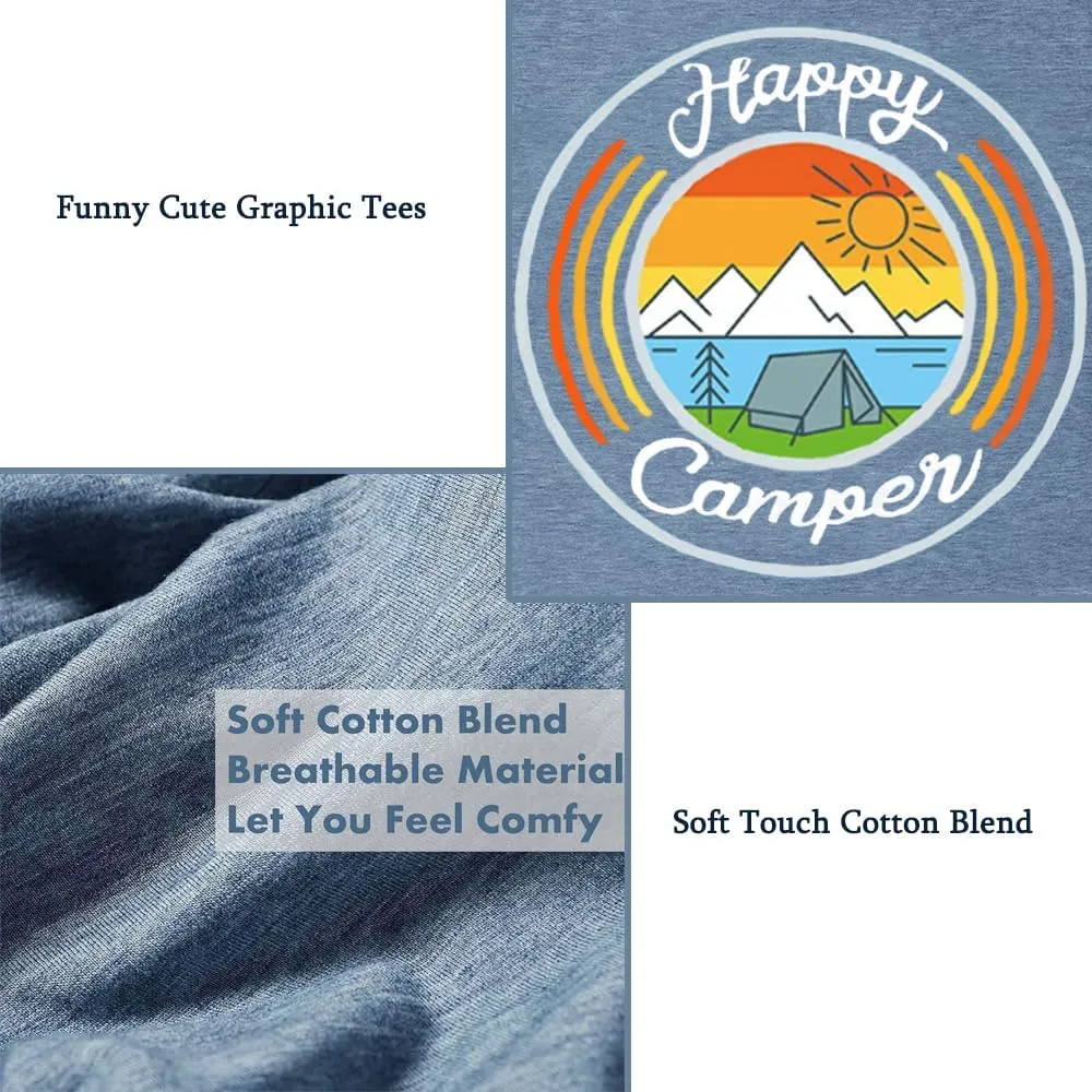 Happy Camp T-Shirt Women Hiking Mountain Adventure Novelty Workout Funny Saying Cute Graphic Athletic Shirt