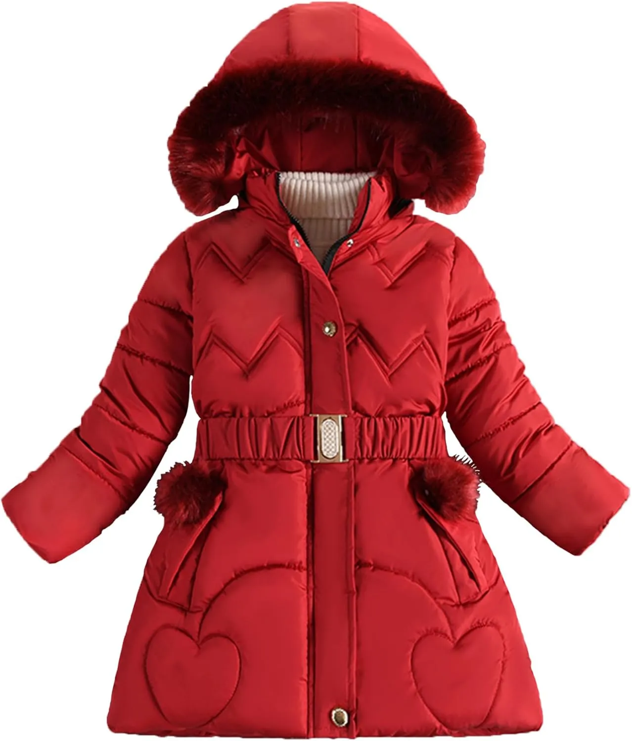 Happy Cherry Girls Fleece Lined Jacket Puffer Jacket Fur Collar Hooded Long Down Jacket Kids Windproof Coat Outerwear 2024