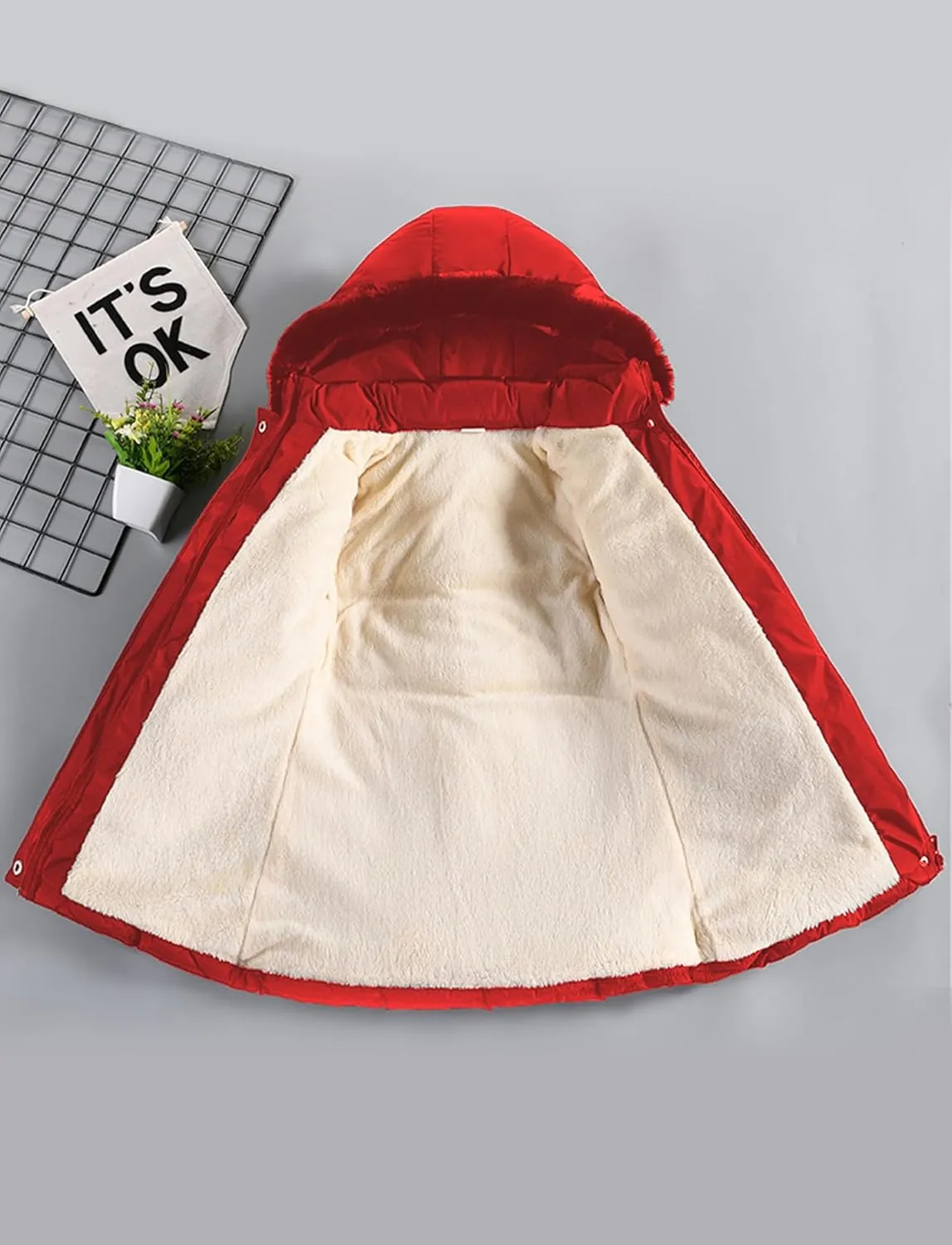 Happy Cherry Girls Fleece Lined Jacket Puffer Jacket Fur Collar Hooded Long Down Jacket Kids Windproof Coat Outerwear 2024